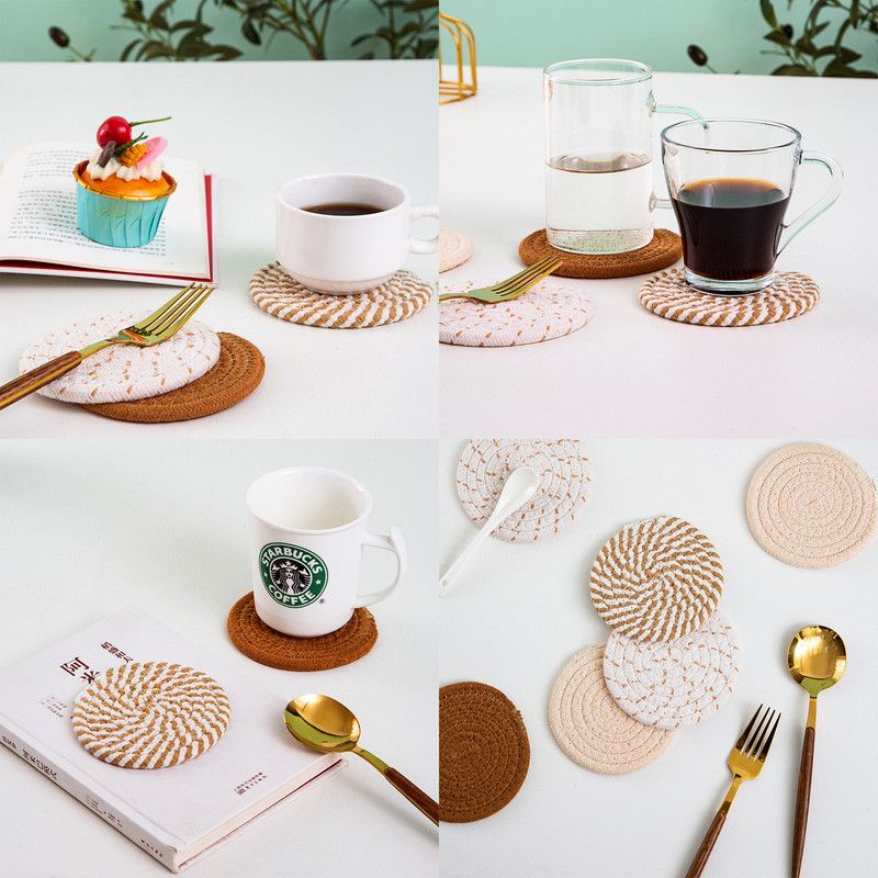INS Style Round Cotton Woven Heat-Resistant Coasters, 8-Piece Set of Thick Table Pot Mats with Free Iron Storage Rack—Gray-Brown - Image 7