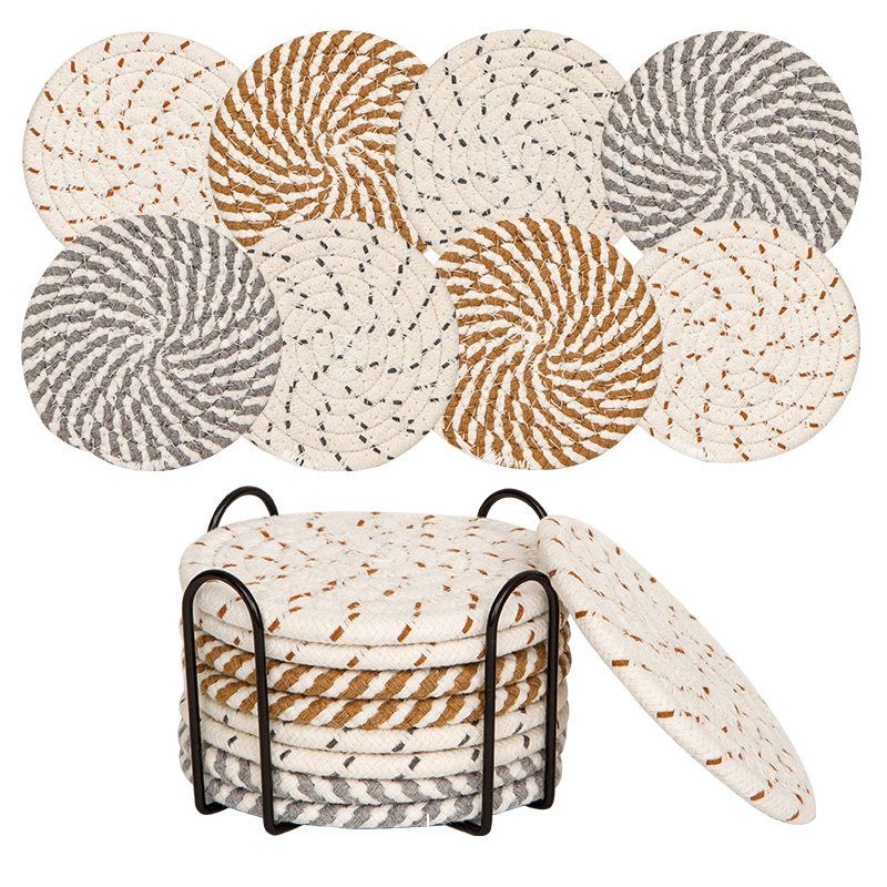 INS Style Round Cotton Woven Heat-Resistant Coasters, 8-Piece Set of Thick Table and Pot Mats with Free Iron Storage Rack - Striped - Image 1