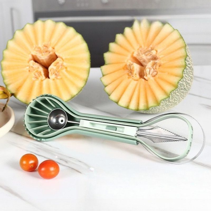 6-in-1 Multi-Fruit Tool 3-Piece Set, Stainless Steel Melon Baller and Carving Scoop for Watermelon and Cantaloupe Platters—Green - Image 1