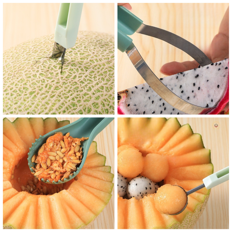 6-in-1 Multi-Fruit Tool 3-Piece Set, Stainless Steel Melon Baller and Carving Scoop for Watermelon and Cantaloupe Platters—Green - Image 4