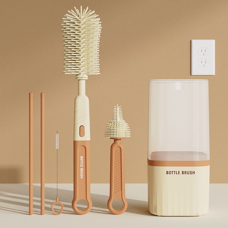 6-in-1 Portable Silicone Bottle Brush Set with Drying Storage Box, All-Purpose Cleaner for Baby Bottles, Nipples, and Straw Cups - Orange - Image 1