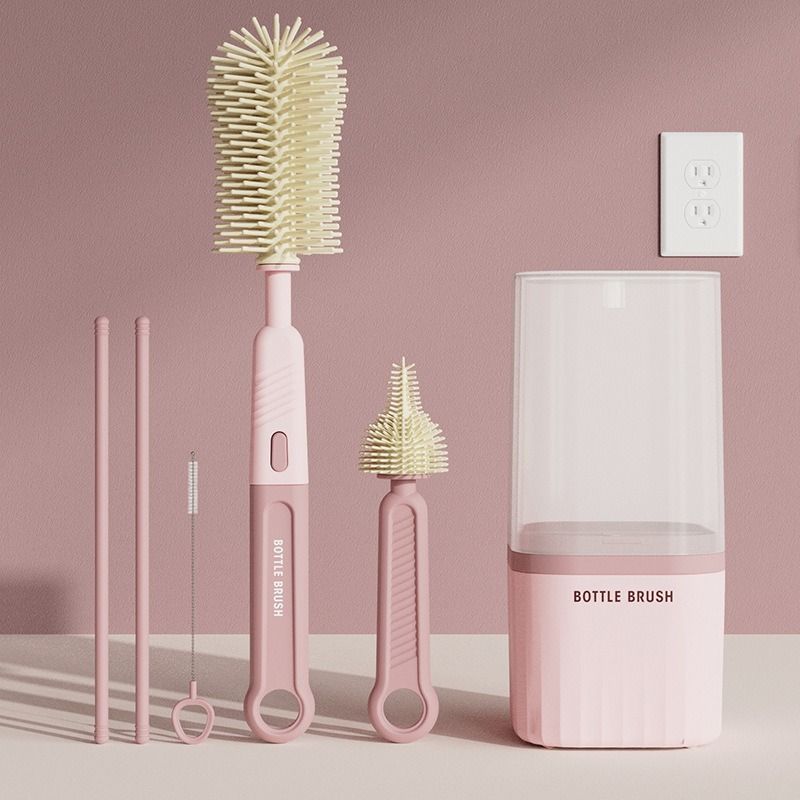 6-in-1 Portable Silicone Bottle Brush Set with Drying Storage Box, All-Purpose Cleaner for Baby Bottles, Nipples, and Straw Cups—Pink - Image 1