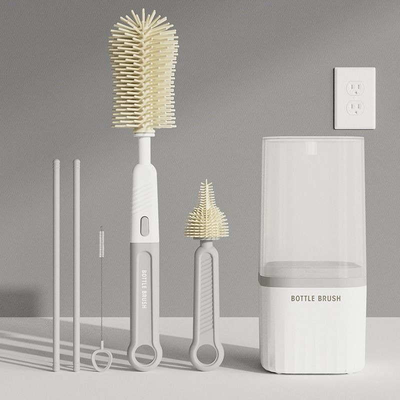 6-in-1 Portable Silicone Bottle Brush Set with Drying Storage Box, All-Purpose Cleaner for Baby Bottles, Nipples, and Straw Cups - Gray - Image 1