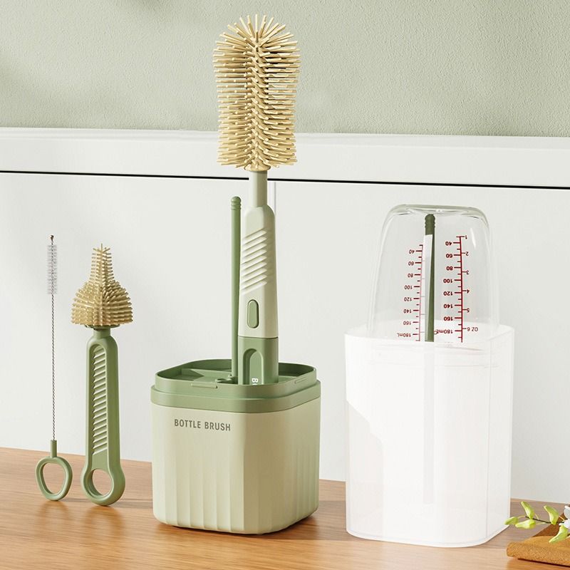 6-in-1 Portable Silicone Bottle Brush Set with Drying Storage Box, All-Purpose Cleaner for Baby Bottles, Nipples, and Straw Cups - Gray - Image 2