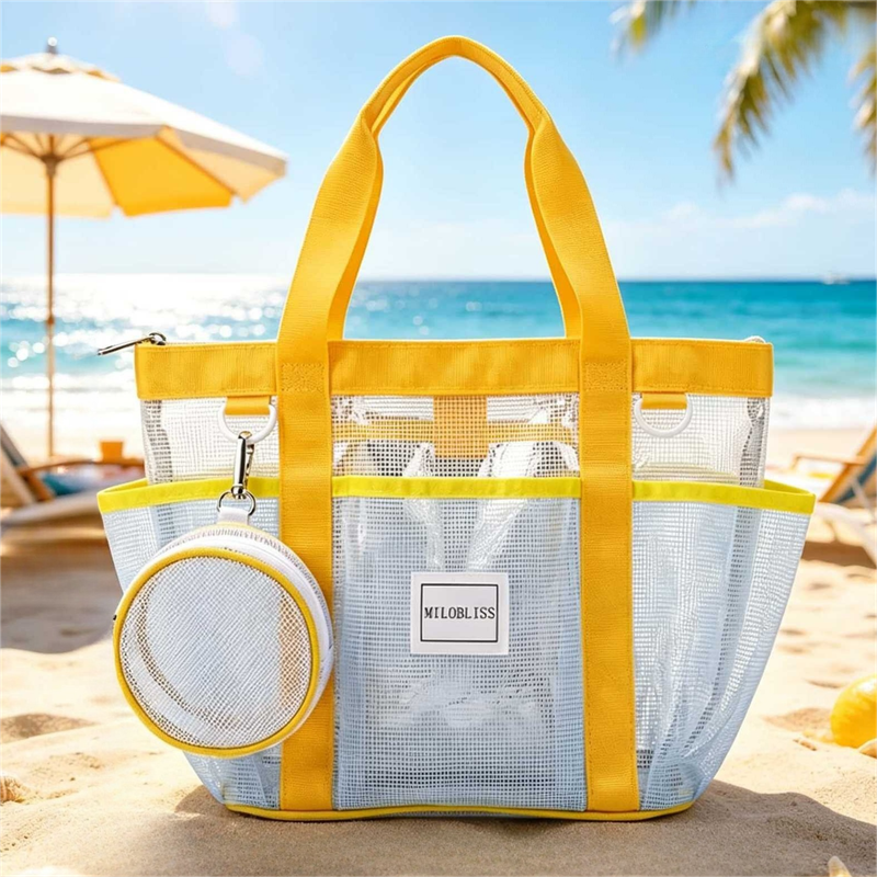 Multi-Pocket Mesh Beach Swim Bag, Dry/Wet Separation, Large Capacity Gym Tote with Bonus Mini Round Mesh Pouch - Orange - Image 1