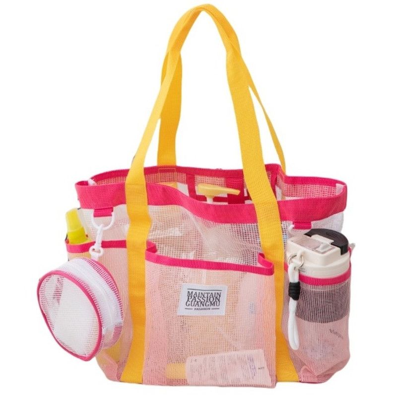 Multi-Pocket Mesh Beach Swim Bag, Dry/Wet Separation, Large Capacity Gym Tote with Bonus Mini Round Mesh Pouch—Pink - Image 1