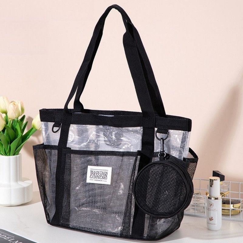 Multi-Pocket Mesh Beach Swim Bag, Dry/Wet Separation, Large Capacity Gym Tote with Bonus Mini Round Mesh Pouch—Black - Image 1