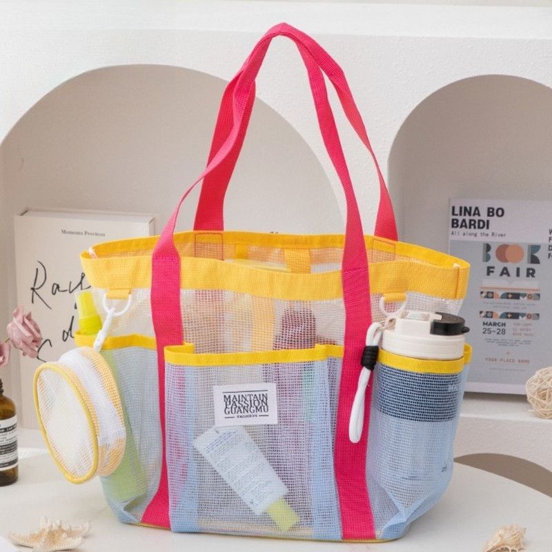 Multi-Pocket Mesh Beach Swim Bag, Dry/Wet Separation, Large Capacity Gym Tote with Bonus Mini Round Mesh Pouch—Yellow - Image 1