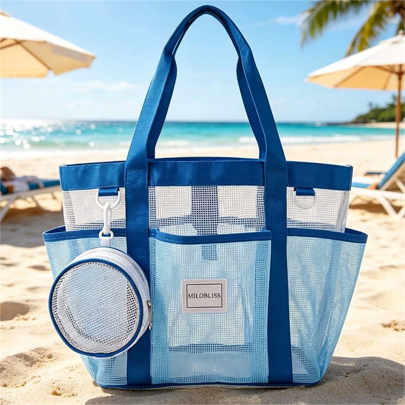 Multi-Pocket Mesh Beach Swim Bag, Dry/Wet Separation, Large Capacity Gym Tote with Bonus Mini Round Mesh Pouch - Blue - Image 1