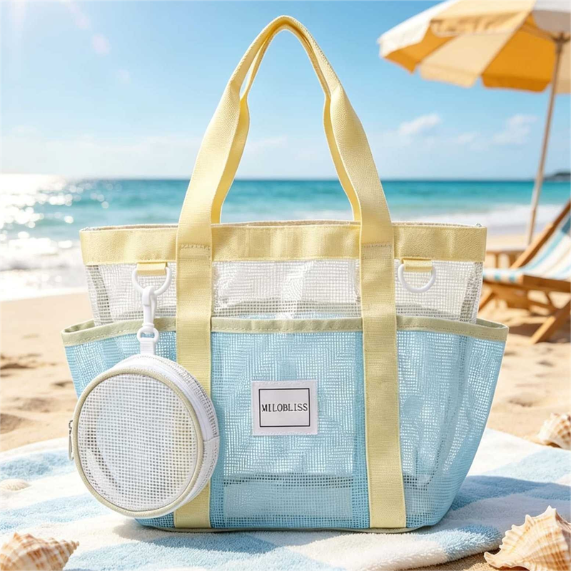 Multi-Pocket Mesh Beach Swim Bag, Dry/Wet Separation, Large Capacity Gym Tote with Bonus Mini Round Mesh Pouch - Beige - Image 1