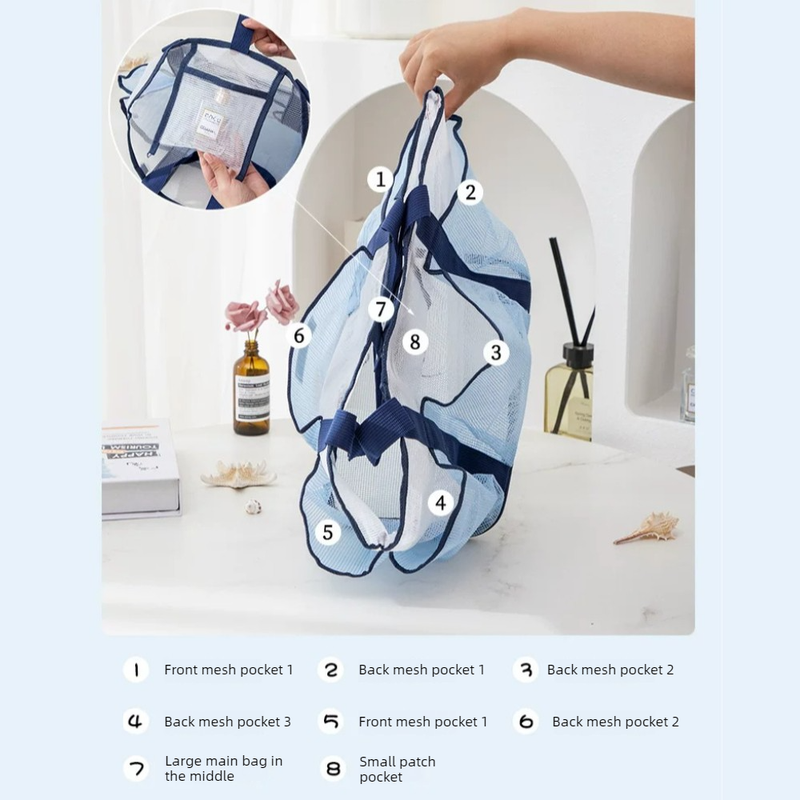 Multi-Pocket Mesh Beach Swim Bag, Dry/Wet Separation, Large Capacity Gym Tote with Bonus Mini Round Mesh Pouch - Beige - Image 2
