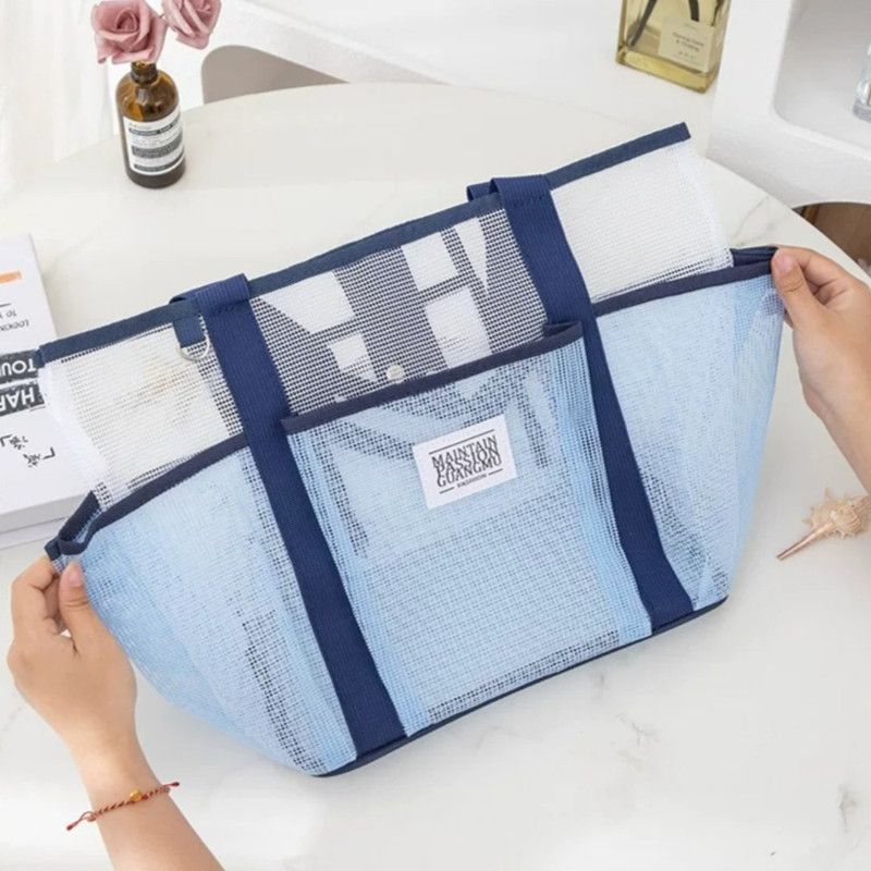 Multi-Pocket Mesh Beach Swim Bag, Dry/Wet Separation, Large Capacity Gym Tote with Bonus Mini Round Mesh Pouch - Beige - Image 3