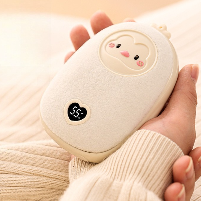 Cute Cartoon Hand Warmer 2-in-1 Portable USB Charging Power Bank, 3 Temperature Settings Pocket Heater—Beige - Image 1