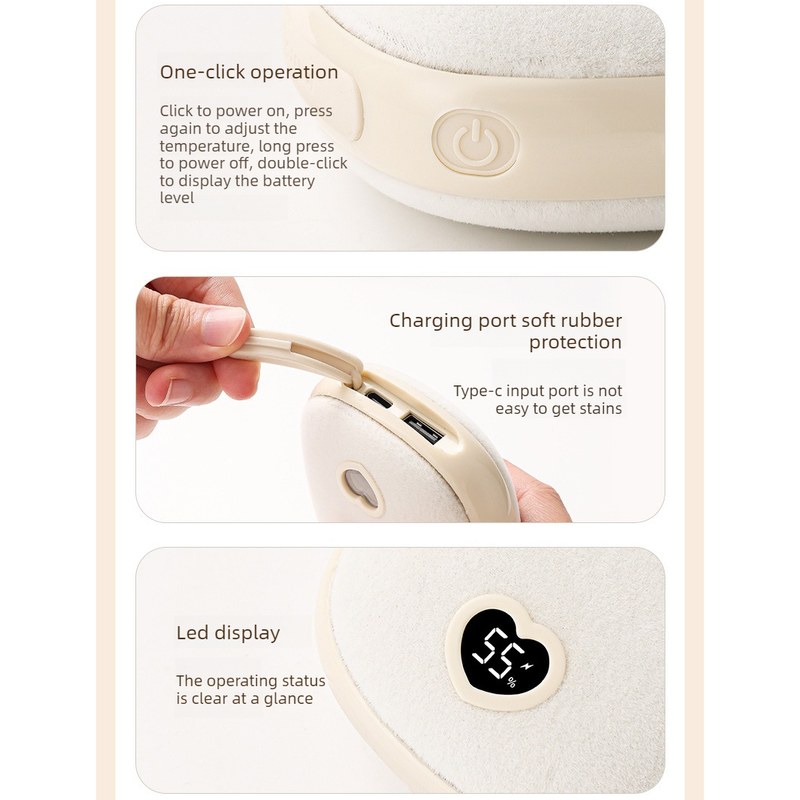 Cute Cartoon Hand Warmer 2-in-1 Portable USB Charging Power Bank, 3 Temperature Settings Pocket Heater—Beige - Image 4