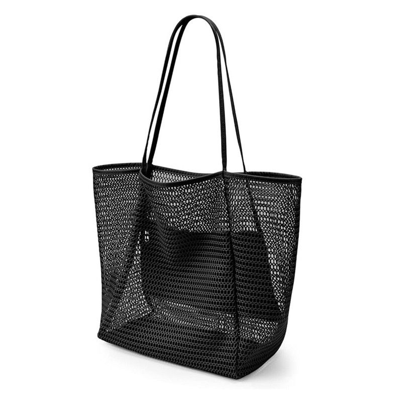 Mesh Large Beach Tote Bag, Foldable, Breathable, Single-Shoulder Shopping Bag for Travel, 2-Pack - Black - Image 1