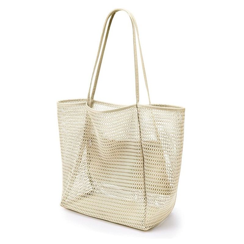 Mesh Large Beach Tote Bag, Foldable, Breathable, Single-Shoulder Shopping Bag for Travel, 2-Pack - Beige - Image 1