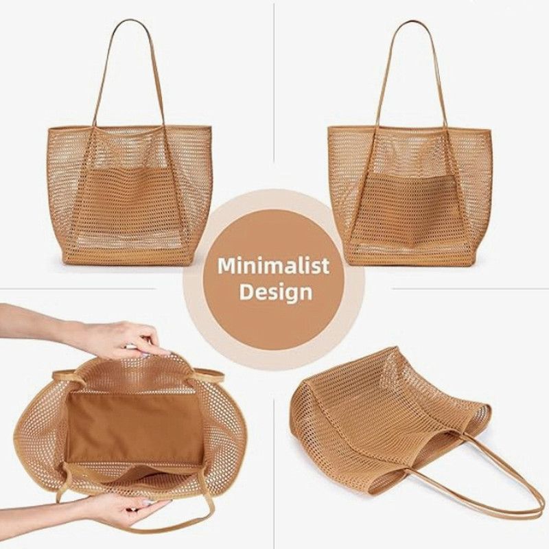 Mesh Large Beach Tote Bag, Foldable, Breathable, Single-Shoulder Shopping Bag for Travel, 2-Pack - Beige - Image 4