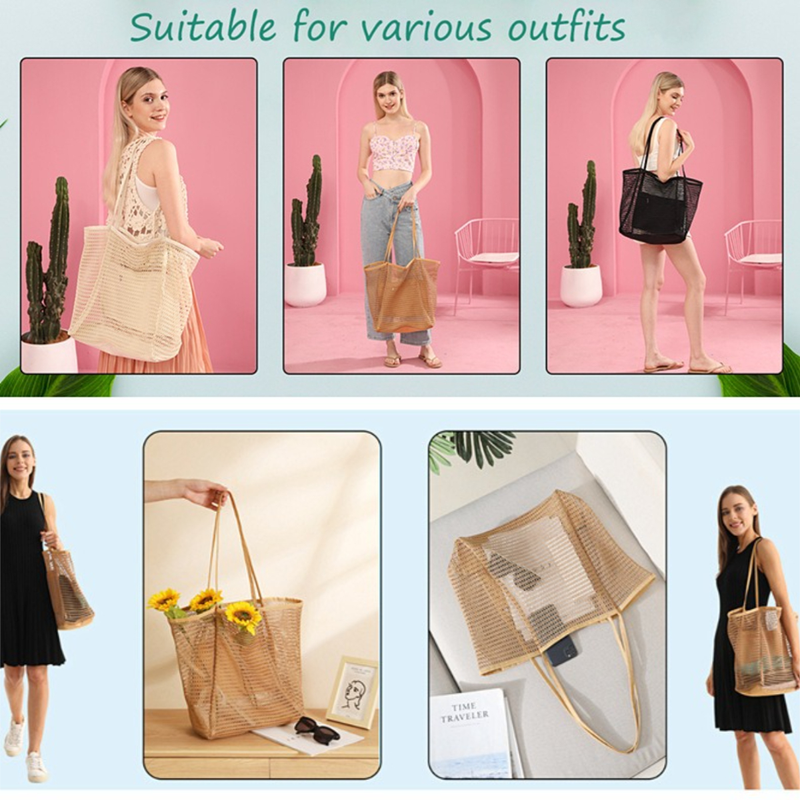 Mesh Large Beach Tote Bag, Foldable, Breathable, Single-Shoulder Shopping Bag for Travel, 2-Pack - Brown - Image 7