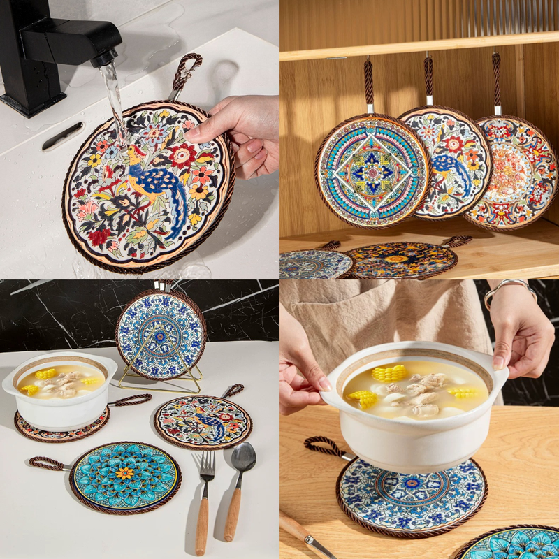 4-Pack - Chinese Retro Ceramic Trivet, Heat-Resistant, Non-Scratch Coaster with Cork Base, 17cm Round Table Mats - Floral Pattern - Image 3