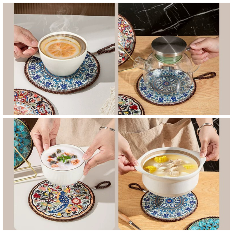 4-Pack - Chinese Retro Ceramic Trivet, Heat-Resistant, Non-Scratch Coaster with Cork Base, 17cm Round Table Mats - Floral Pattern - Image 4