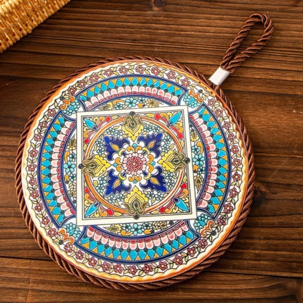 4-Pack - Chinese Retro Ceramic Trivet, Heat-Resistant, Non-Scratch Coaster with Cork Base, 17cm Round Table Mats - Geometric Floral Pattern - Image 1