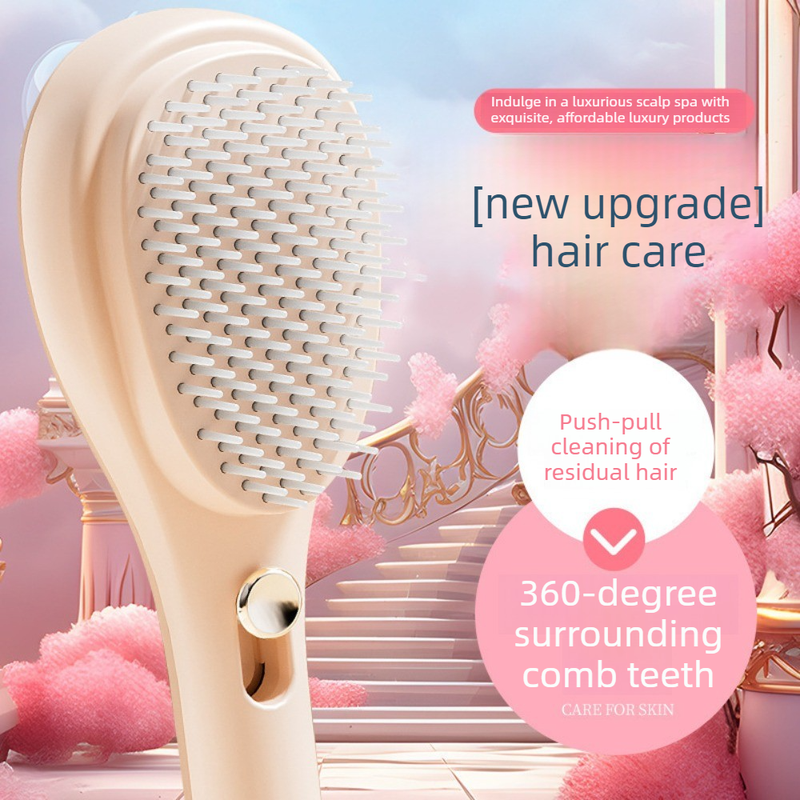 One-Click Self-Clean Retractable Massage Air Cushion Comb, Anti-Static Detangling Hair Brush for Scalp Care & Lifting—Beige - Image 2