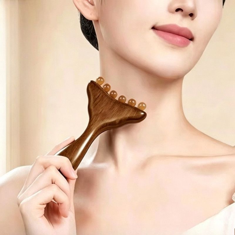 Red Sandalwood Facial Massager Beauty Push Tool, Horn Beads Lifting Gua Sha Meridian Massage Stick - Image 2