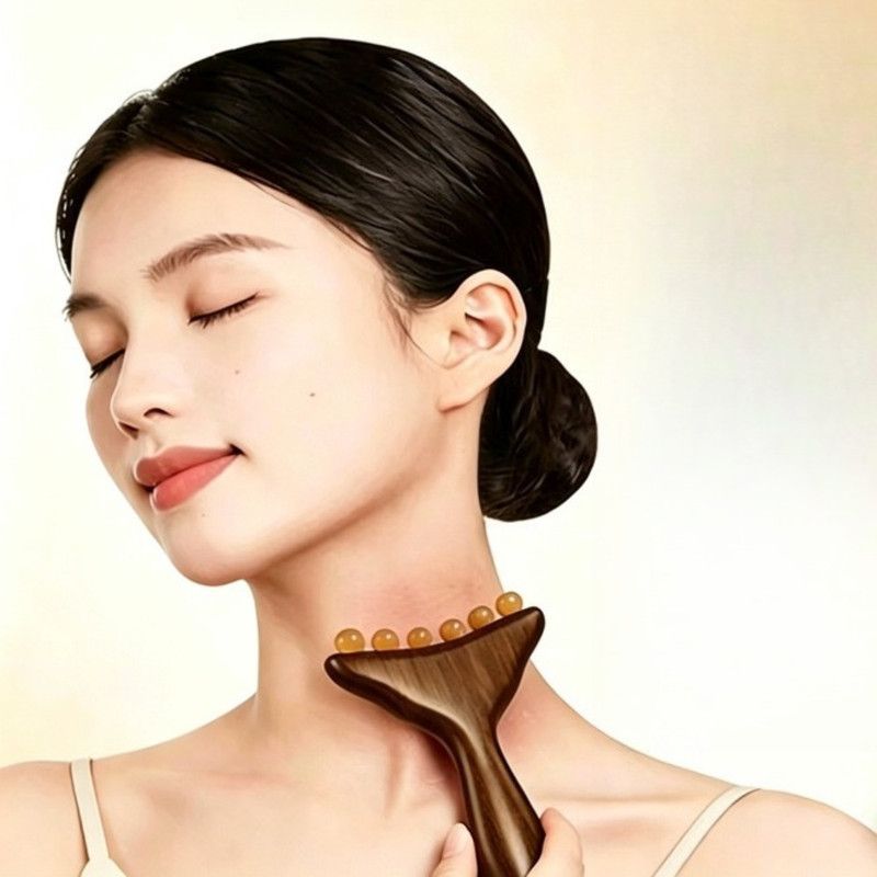 Red Sandalwood Facial Massager Beauty Push Tool, Horn Beads Lifting Gua Sha Meridian Massage Stick - Image 3