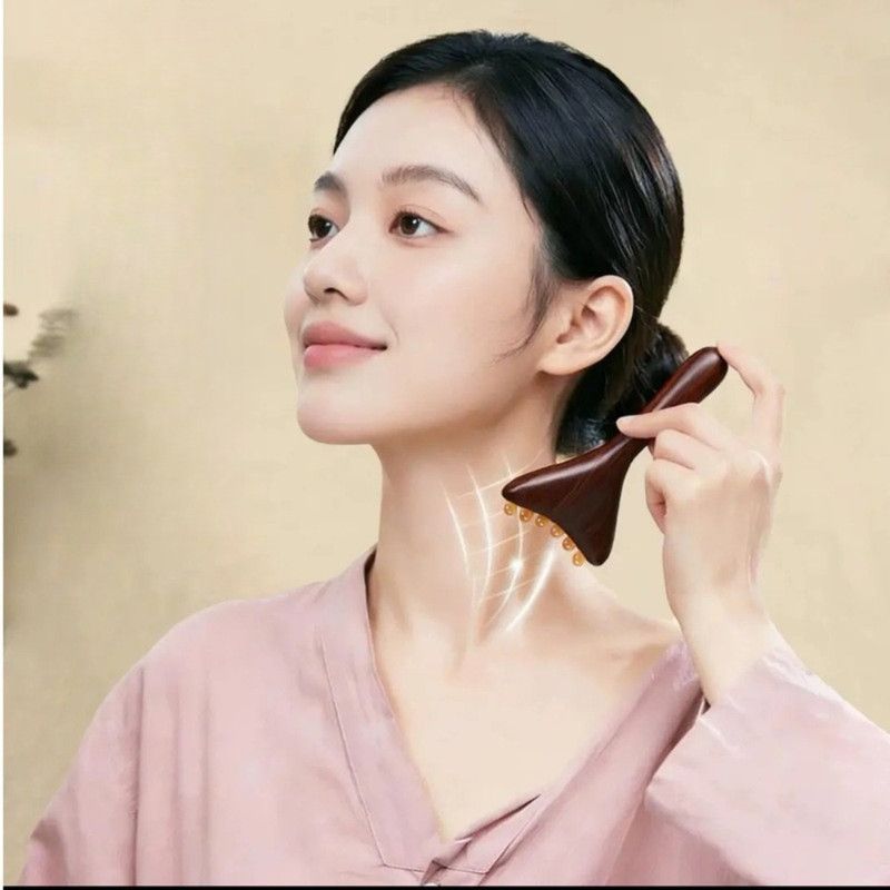 Red Sandalwood Facial Massager Beauty Push Tool, Horn Beads Lifting Gua Sha Meridian Massage Stick - Image 4
