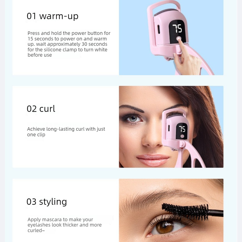 Digital 3-Temperature Heated Eyelash Curler, USB-Rechargeable, Portable, Long-Lasting Lash Curling Tool—Pink - Image 3