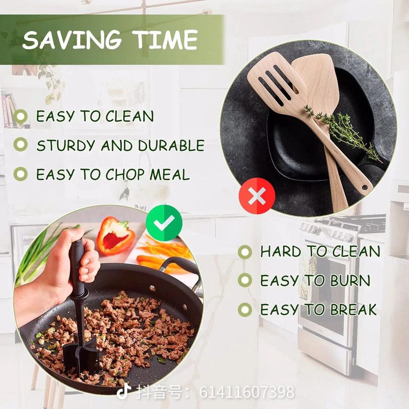 Food Grade Nylon 5-Blade Meat Chopper Spatula, Heat Resistant Non-Stick Ground Beef Masher Multi-Purpose Cooking Tool - Image 4