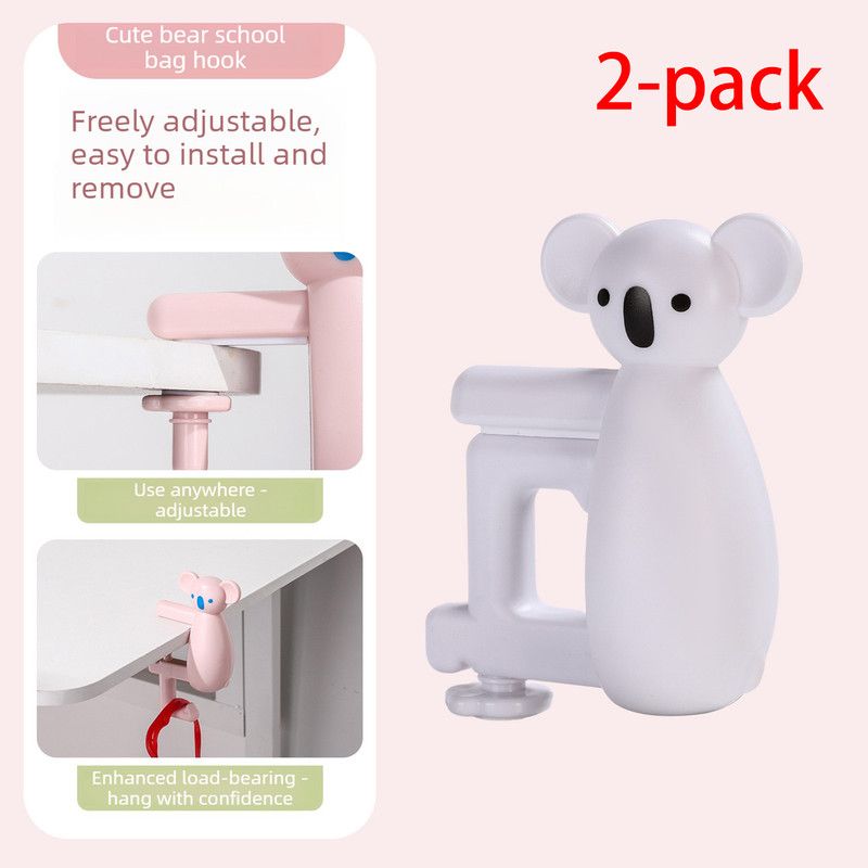 2-Pack Koala Desk Hook, Adjustable Glue-Free Table-Side Bag Hanger, Heavy-Duty Portable Backpack Hook for Students—White - Image 1