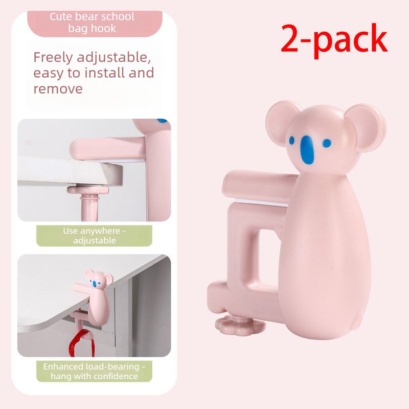 2-Pack Koala Desk Hook, Adjustable Glue-Free Table-Side Bag Hanger, Heavy-Duty Portable Backpack Hook for Students—Pink - Image 1