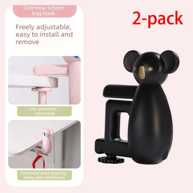 2-Pack Koala Desk Hook, Adjustable Glue-Free Table-Side Bag Hanger, Heavy-Duty Portable Backpack Hook for Students - Black - Image 1
