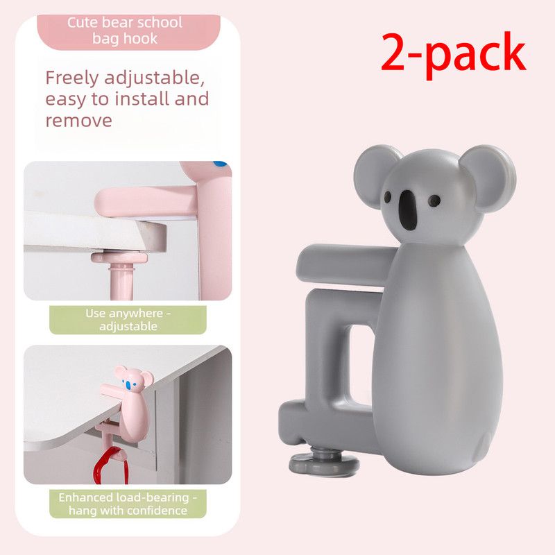 2-Pack Koala Desk Hook, Adjustable Glue-Free Table-Side Bag Hanger, Heavy-Duty Portable Backpack Hook for Students - Gray - Image 1