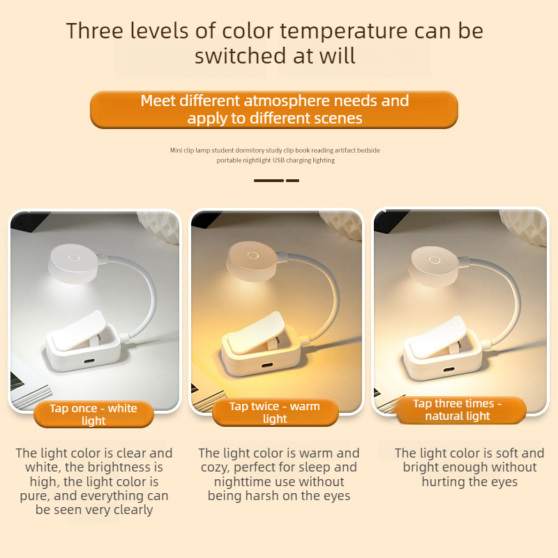 USB Rechargeable 3 Color Temperature Mini Clip Book Light, Portable LED Eye-Care Reading Lamp for Dorm & Bedside - Image 2