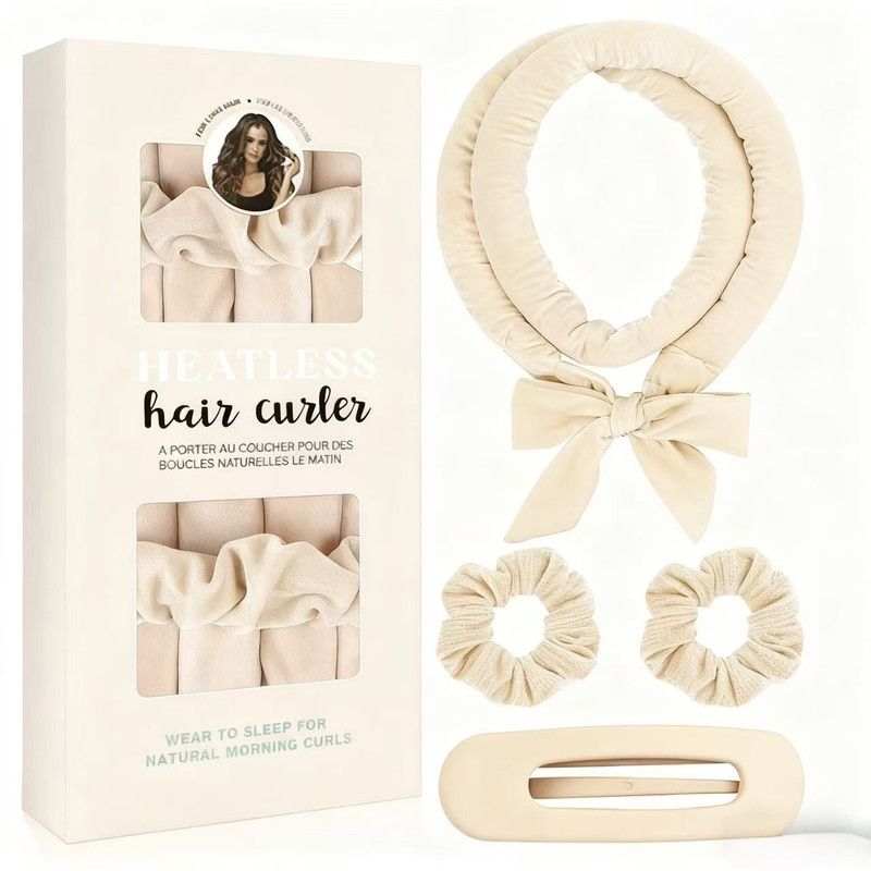 Velvet Heatless Hair Curlers Set, Overnight No-Heat Curling Ribbon with Scrunchies & Hair Clip - Beige - Image 1