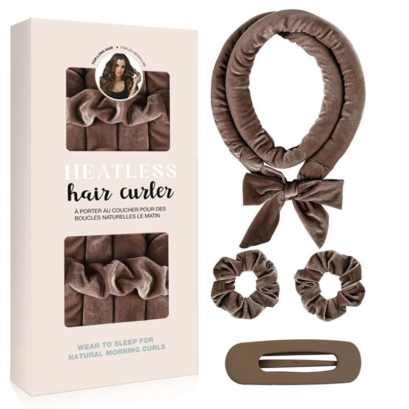Velvet Heatless Hair Curlers Set, Overnight No-Heat Curling Ribbon with Scrunchies & Hair Clip - Brown - Image 1