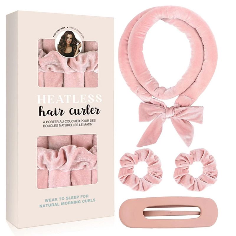 Velvet Heatless Hair Curlers Set, Overnight No-Heat Curling Ribbon with Scrunchies & Hair Clip - Light Pink - Image 1