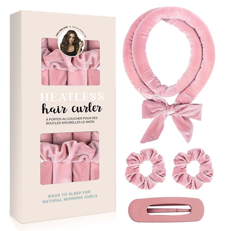 Velvet Heatless Hair Curlers Set, Overnight No-Heat Curling Ribbon with Scrunchies & Hair Clip—Pink - Image 1