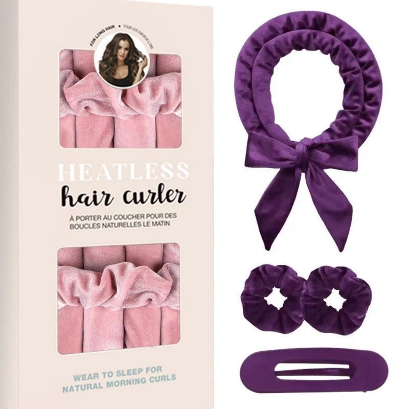 Velvet Heatless Hair Curlers Set, Overnight No-Heat Curling Ribbon with Scrunchies & Hair Clip - Purple - Image 1