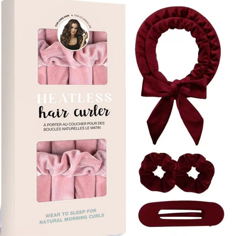 Velvet Heatless Hair Curlers Set, Overnight No-Heat Curling Ribbon with Scrunchies & Hair Clip - Red - Image 1