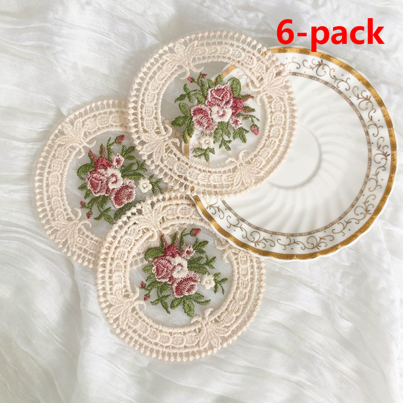 6 Pack Beige Vintage Rose Embroidered Lace Coasters, French Ins Style Round Mesh Heat Resistant Cup Mats - Image 1