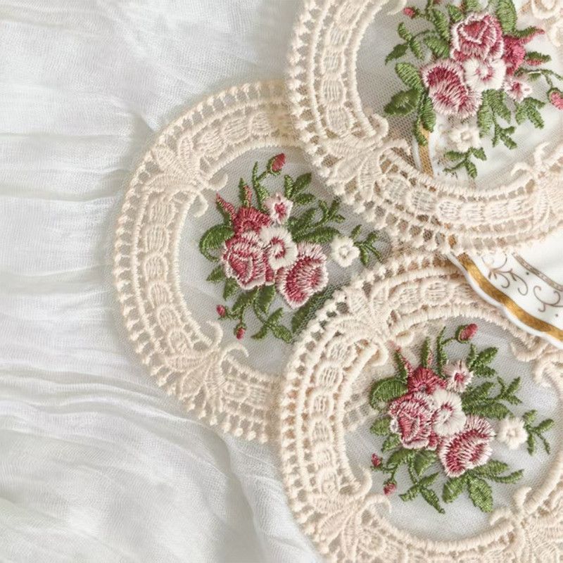6 Pack Beige Vintage Rose Embroidered Lace Coasters, French Ins Style Round Mesh Heat Resistant Cup Mats - Image 2