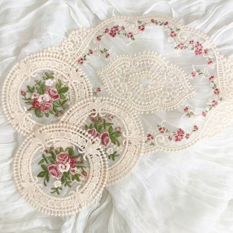 6 Pack Beige Vintage Rose Embroidered Lace Coasters, French Ins Style Round Mesh Heat Resistant Cup Mats - Image 3
