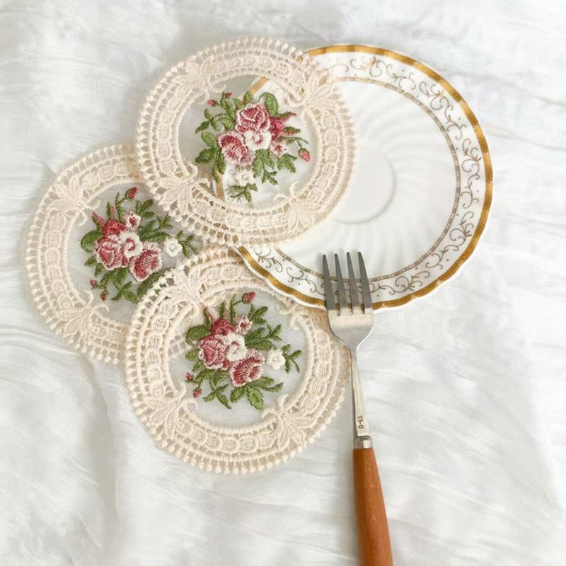6 Pack Beige Vintage Rose Embroidered Lace Coasters, French Ins Style Round Mesh Heat Resistant Cup Mats - Image 4