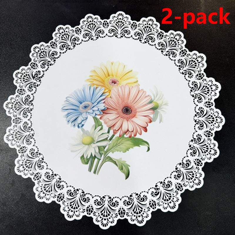 2-Pack Round PVC Lace-Printed Placemats, Waterproof, Oil-Resistant, Heat-Insulating Floral Table Mats - Daisy Pattern - Image 1