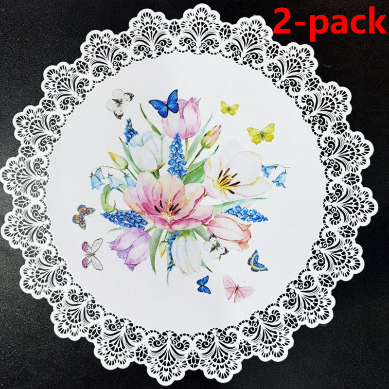 2-Pack Round PVC Lace-Printed Placemats, Waterproof, Oil-Resistant, Heat-Insulating Floral Table Mats - Tulip Pattern - Image 1