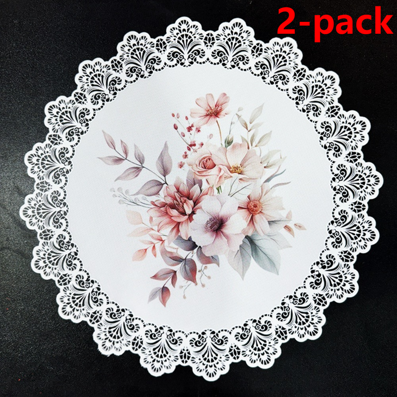 2-Pack Round PVC Lace-Printed Placemats, Waterproof, Oil-Resistant, Heat-Insulating Floral Table Mats - Floral Pattern - Image 1