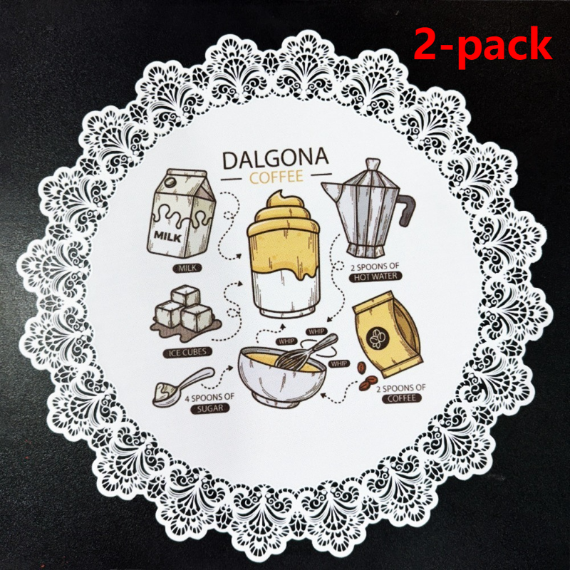 2-Pack Round PVC Lace Coffee-Printed Placemats, Waterproof, Oil-Resistant, Heat-Insulating, Non-Slip Table Mats—Coffee Design - Image 1